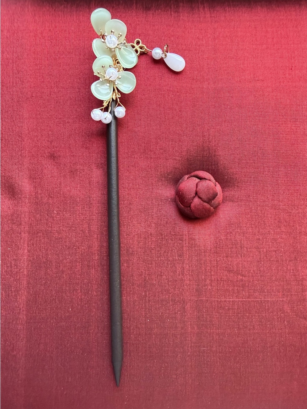 Green Floral Hair Stick with Pearl Drops